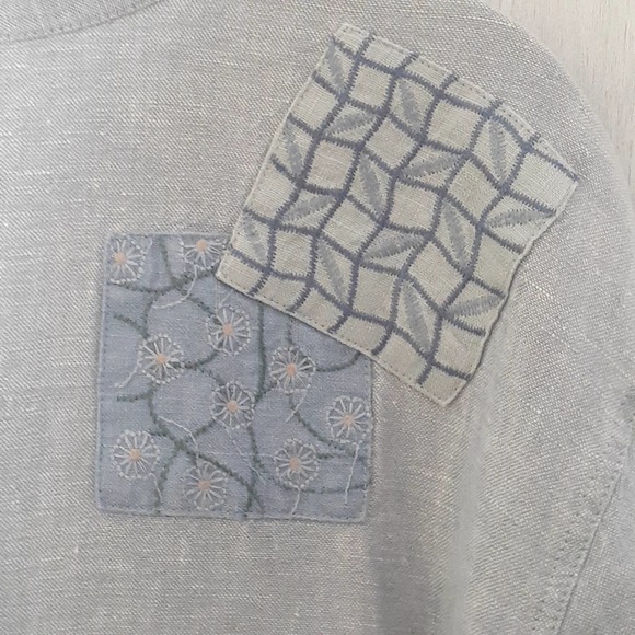 J. Jill 100% Linen Jacket Swing Gray Embroidered Patchwork Size Medium - Picture 10 of 11